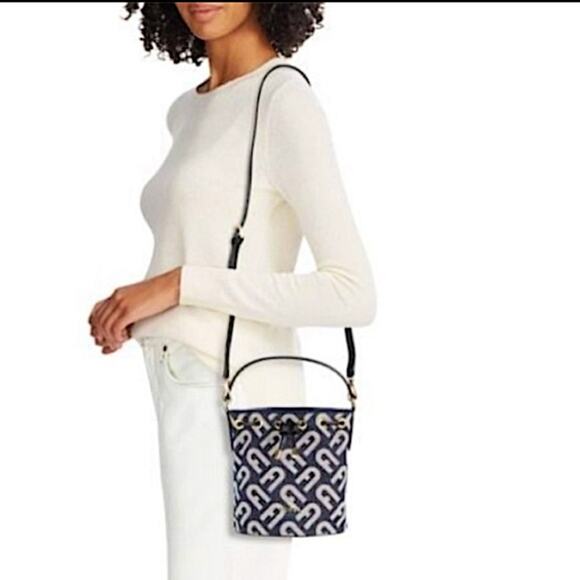 Furla Clio Mini Monogram Denim Drawcord Bucket Bag Navy NWT w/ Dustbag MSRP $750 - Picture 2 of 14